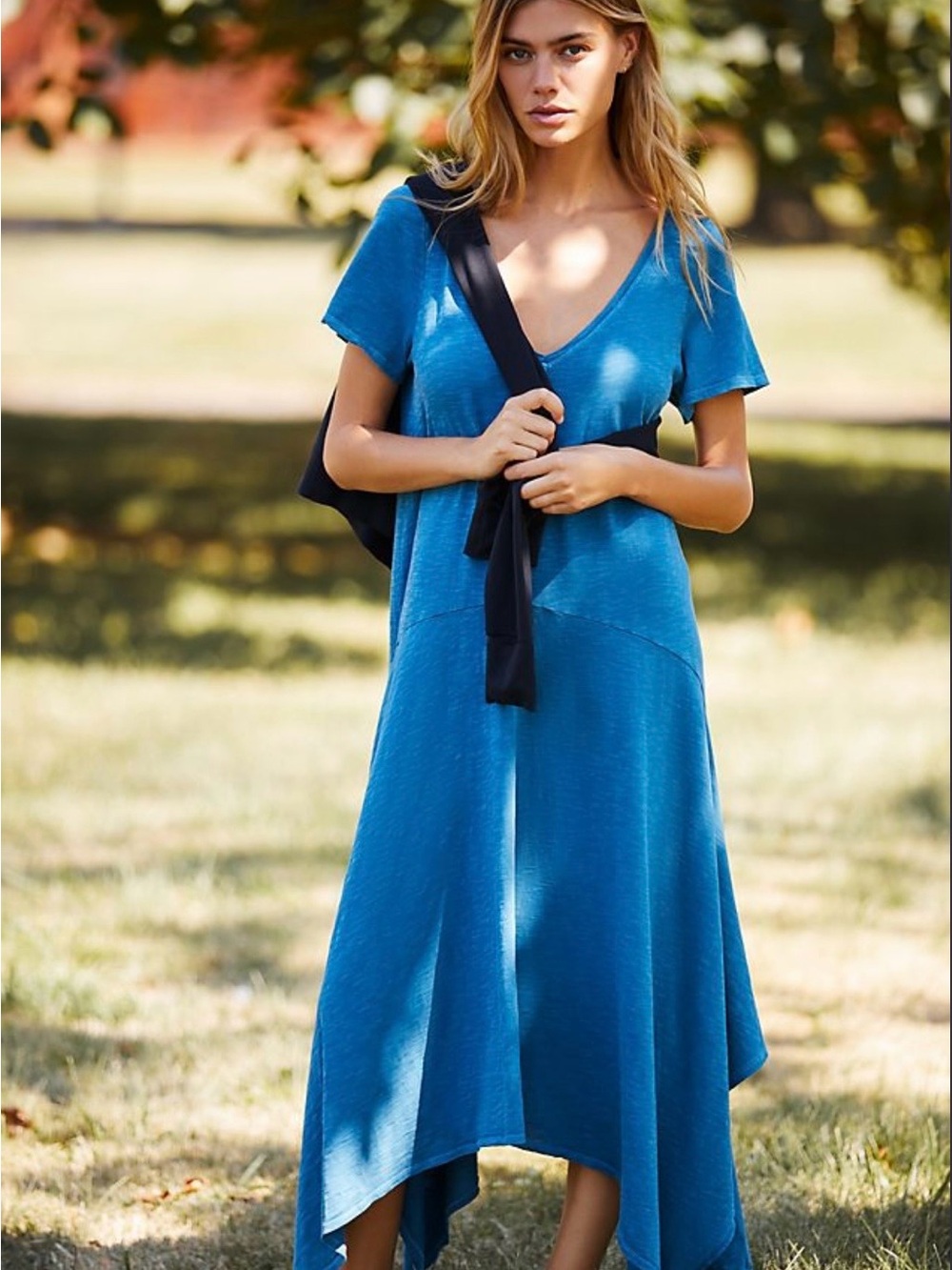 V-Neck Asymmetrical Hem Dress in Ocean Blue